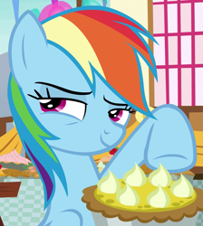 Size: 969x1080 | Tagged: safe, imported from derpibooru, screencap, rainbow dash, pegasus, pony, secrets and pies, female, food, lidded eyes, looking at you, mare, mischievous, pie, pointing, solo