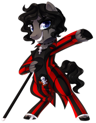 Size: 1024x1313 | Tagged: safe, artist:xnightmelody, imported from derpibooru, oc, oc only, oc:night terror, alice cooper, cane, clothes, commission, looking at you, male, rock (music), simple background, smiling, solo, stallion, suit, transparent background