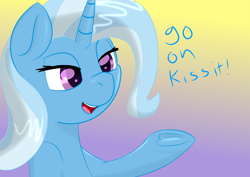 Size: 7015x4960 | Tagged: safe, artist:jubyskylines, imported from derpibooru, trixie, pony, unicorn, absurd resolution, bust, dialogue, female, frog (hoof), gradient background, hooves, lidded eyes, smiling, solo, underhoof