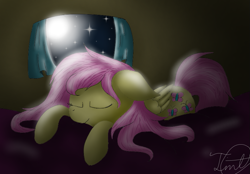 Size: 843x586 | Tagged: safe, artist:tinttone, imported from derpibooru, fluttershy, pegasus, pony, eyes closed, female, floppy ears, folded wings, night, prone, sleeping, smiling, solo, window, wings