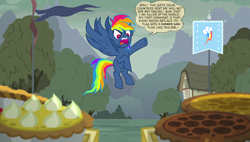 Size: 1920x1090 | Tagged: safe, edit, edited screencap, imported from derpibooru, screencap, rainbow dash, secrets and pies, angry, cutie mark, dialogue, evil pie hater dash, flag, food, meme, pie, speech bubble, superdickery