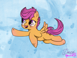 Size: 1024x768 | Tagged: safe, artist:deazelmagenta, imported from derpibooru, scootaloo, pegasus, pony, cute, cutealoo, female, filly, flying, scootaloo can fly, solo