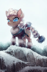 Size: 750x1158 | Tagged: safe, artist:tawni-tailwind, imported from derpibooru, oc, oc only, oc:valiant frost, earth pony, pony, boots, braid, braided tail, clothes, colored pupils, commission, ear piercing, female, mare, piercing, scar, shoes, snow, solo