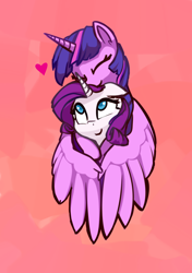 Size: 2000x2840 | Tagged: safe, artist:lilfunkman, imported from derpibooru, rarity, twilight sparkle, alicorn, pony, cute, duo, female, four-limbed hug, heart, hug, lesbian, mare, rarilight, shipping, simple background, smiling, twilight sparkle (alicorn), winghug