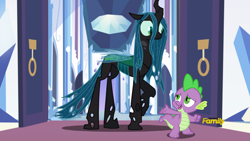 Size: 948x533 | Tagged: safe, edit, edited screencap, imported from derpibooru, screencap, vector edit, queen chrysalis, spike, changeling, changeling queen, dragon, season 6, the times they are a changeling, a better ending for chrysalis, alternate ending, alternate scenario, awkward, character development, crystal empire, cute, cutealis, discovery family logo, dork, dorkalis, duo, fake screencap, female, folded wings, former queen chrysalis, good end, insecure, looking away, male, nervous, parody, raised hoof, redemption, reformed, shy, smiling, throne room, vector, what if