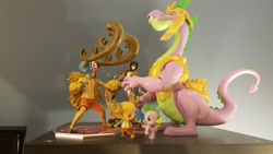 Size: 4032x2268 | Tagged: safe, imported from derpibooru, spike, deer, dragon, reindeer, attack on titan, chibi, crossover, figurine, growth spurt, hoofbump, mikasa ackerman, one piece, size comparison, size difference, spikezilla, tony tony chopper, toy