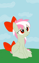 Size: 1000x1600 | Tagged: safe, artist:totallynotabronyfim, imported from derpibooru, oc, oc only, oc:tabula rasa, pegasus, pony, bow, female, hair bow, sitting, sky, solo