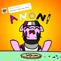 Size: 500x500 | Tagged: safe, artist:thedragenda, imported from derpibooru, oc, oc only, oc:ace pony, earth pony, pony, anonymous, cake, female, food, mare, pride, stealing