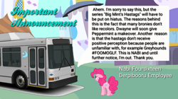 Size: 1280x718 | Tagged: safe, imported from derpibooru, pinkie pie, oc, oc:nabi foursixteen, announcement, big mint's pony hastags, bus, canterlot, derpibooru logo, hiatus, meta