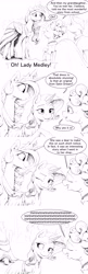 Size: 2640x8160 | Tagged: safe, artist:silfoe, imported from derpibooru, princess celestia, rarity, oc, oc:lady medley, alicorn, earth pony, pony, unicorn, royal sketchbook, comic, female, grayscale, lesbian, mare, monochrome, rarilestia, shipping