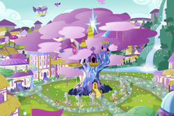 Size: 3000x2000 | Tagged: safe, artist:roseyicywolf, imported from derpibooru, applejack, fluttershy, pinkie pie, rainbow dash, rarity, twilight sparkle, airship, castle, ponyville, scenery, statue, tree, twilight's castle