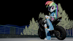 Size: 3840x2160 | Tagged: safe, artist:aryatheeditor, imported from derpibooru, rainbow dash, equestria girls, 3d, boots, clothes, compression shorts, crossover, female, grand theft auto, gta v, looking at you, motorcycle, shoes, skirt, smiling, solo, source filmmaker