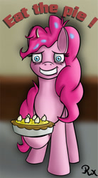 Size: 690x1250 | Tagged: safe, artist:reflex-pony, imported from derpibooru, pinkie pie, earth pony, pony, secrets and pies, eat my pie, female, food, looking at you, mare, obsession, pie, solo, that pony sure does love pies