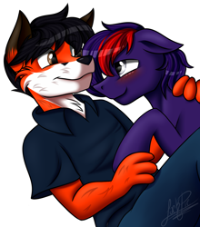 Size: 2200x2500 | Tagged: safe, artist:jack-pie, imported from derpibooru, oc, oc only, oc:purplethink, anthro, earth pony, fox, pony, anthro with ponies, cuddling, furry, gay, male, oc x oc, shipping