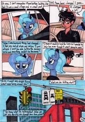 Size: 1394x1997 | Tagged: safe, artist:newyorkx3, imported from derpibooru, princess luna, oc, oc:tommy, human, comic:young days, car, comic, dialogue, manehattan, s1 luna, traditional art