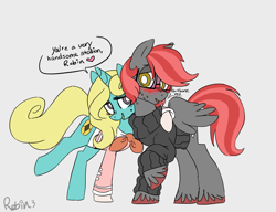 Size: 2808x2160 | Tagged: safe, artist:robiinart, imported from derpibooru, oc, oc only, oc:robin, oc:seafoam breeze, pegasus, pony, unicorn, ascot, beauty mark, blushing, clothes, glasses, side hug, sweater, turtleneck, unshorn fetlocks