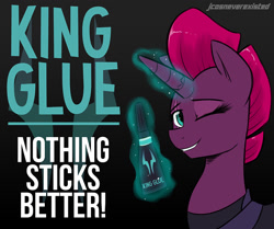 Size: 1024x855 | Tagged: safe, artist:jcosneverexisted, imported from derpibooru, tempest shadow, pony, unicorn, my little pony: the movie, black background, commercial, cute, female, glowing horn, glue, good end, grin, happy, king glue, levitation, magic, mare, one eye closed, poster, simple background, smiling, telekinesis, tempest gets her horn back, tempestbetes, wink