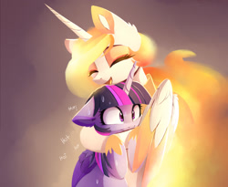 Size: 1430x1170 | Tagged: safe, artist:magnaluna, imported from derpibooru, nightmare star, twilight sparkle, alicorn, pony, colored wings, colored wingtips, cute, cutelestia, eyes closed, female, fire, floppy ears, frown, gradient background, happy, hot, hug, lesbian, mane of fire, mare, nicemare star, open mouth, shipping, smiling, sweat, twiabetes, twightmare star, twilestia, twilight sparkle (alicorn), wide eyes, winghug