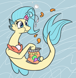 Size: 579x594 | Tagged: safe, artist:jargon scott, imported from derpibooru, princess skystar, seapony (g4), my little pony: the movie, chips, eating, female, food, skyabetes, solo