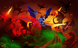 Size: 1024x640 | Tagged: safe, artist:das_leben, imported from derpibooru, princess ember, oc, alicorn, dragon, alicorn oc, dragon lord ember, dragoness, female, fight, fire, force field, male, stallion, tyranids