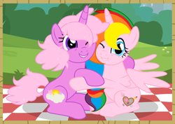 Size: 1128x800 | Tagged: safe, artist:lalalover4everyt, imported from derpibooru, oc, oc only, oc:rainbow splash, alicorn, pony, unicorn, female, hug, mare, picnic blanket