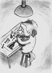 Size: 956x1328 | Tagged: safe, artist:spackle, imported from derpibooru, oc, oc only, oc:buck evergreen, earth pony, pony, ar-15, ar15, brush, cleaning, field strip, gun, lamp, lube, male, missing accessory, monochrome, rag, rifle, solo, stallion, stool, table, traditional art, weapon