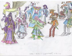 Size: 3300x2550 | Tagged: safe, artist:horsesplease, imported from derpibooru, applejack, fluttershy, gilda, pinkie pie, rainbow dash, rarity, twilight sparkle, griffon, human, pony, angry, armor, background gilda, blouse, book, clothes, crown, dancing, dress, hat, helmet, hilt, hoers, horses doing horse things, human ponidox, humanized, jewelry, mane six, pants, princess, regalia, self ponidox, shield, smiling, smirk, sword, traditional art, trousers, upset, weapon