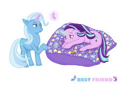 Size: 992x680 | Tagged: dead source, safe, artist:oeo, imported from derpibooru, starlight glimmer, trixie, pony, unicorn, best friends, crying, cushion, figurine, floating, friendshipping, glowing horn, sad, sadlight glimmer