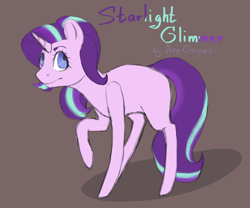 Size: 1280x1063 | Tagged: safe, artist:schwarzes-toby-jh, imported from derpibooru, starlight glimmer, pony, unicorn, brown background, female, missing cutie mark, raised hoof, simple background, solo