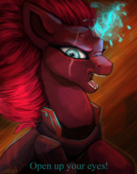 Size: 1024x1299 | Tagged: safe, artist:ognevitsa, imported from derpibooru, tempest shadow, pony, my little pony: the movie, broken horn, female, magic, open up your eyes, solo, sparking horn