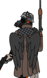 Size: 762x1246 | Tagged: safe, alternate version, artist:sythenmcswig, imported from derpibooru, oc, oc only, oc:crafted sky, anthro, hippogriff, ak-47, assault rifle, camouflage, clothes, gas mask, gloves, gun, helmet, longcoat, looking away, male, mask, playerunknown's battlegrounds, rifle, shotgun, simple background, stallion, weapon