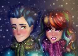 Size: 721x522 | Tagged: safe, artist:dagnesmoon, imported from derpibooru, rainbow dash, soarin', human, clothes, female, humanized, male, multicolored hair, shipping, smiling, snow, snowfall, soarindash, straight