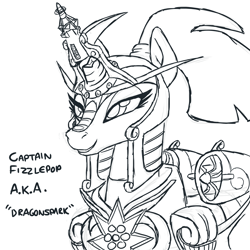 Size: 2400x2400 | Tagged: safe, artist:docwario, imported from derpibooru, fizzlepop berrytwist, tempest shadow, pony, unicorn, my little pony: the movie, armor, awesome, female, helmet, jetpack, majestic, mare, monochrome, prosthetic horn, prosthetics, royal guard armor, simple background, sketch, smiling, solo, tempest becomes a royal guard, tempest gets her horn back