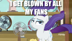 Size: 1200x675 | Tagged: safe, edit, edited screencap, imported from derpibooru, screencap, rarity, pony, unicorn, it isn't the mane thing about you, discovery family logo, fan, female, image macro, innuendo, lidded eyes, mare, meme, solo, windswept mane