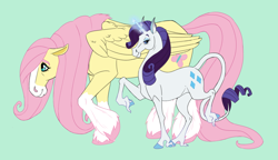 Size: 1024x590 | Tagged: safe, artist:vicnor, imported from derpibooru, fluttershy, rarity, classical unicorn, clydesdale, horse, pegasus, pony, unicorn, blaze (coat marking), cloven hooves, coat markings, colored hooves, duo, facial markings, fluffy, glowing horn, green background, head down, hoers, hooves up, leonine tail, prancing, realistic horse legs, simple background, socks (coat marking), socks (coat markings), unshorn fetlocks