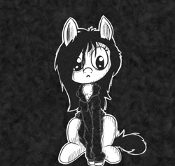 Size: 1000x950 | Tagged: safe, artist:happy harvey, imported from derpibooru, oc, oc only, oc:floor bored, earth pony, pony, bags under eyes, black and white, black background, chest fluff, clothes, drawn on phone, female, grayscale, hoodie, messy mane, monochrome, neet, phone drawing, simple background, sitting, solo