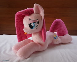 Size: 3837x3064 | Tagged: safe, artist:egalgay, imported from derpibooru, pinkie pie, earth pony, pony, :p, cute, cuteamena, female, irl, mare, photo, pinkamena diane pie, plushie, prone, silly, solo, tongue out