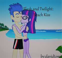 Size: 777x727 | Tagged: safe, artist:davidtomi, artist:haleyc4629, edit, imported from derpibooru, flash sentry, sci-twi, twilight sparkle, equestria girls, beach, clothes, couple, female, flashlight, kissing, male, sciflash, shipping, straight, swimsuit