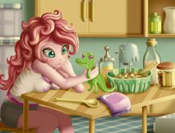 Size: 2888x2204 | Tagged: safe, artist:generalecchi, imported from derpibooru, gummy, pinkie pie, equestria girls, batter, breasts, clothes, food, high res, kitchen, mixer, shirt, shorts, spoon