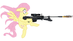 Size: 1920x1080 | Tagged: safe, artist:yognaughtsteve, imported from derpibooru, fluttershy, pegasus, pony, cutie mark, female, gun, hooves, mare, optical sight, rifle, shooting, simple background, sniper rifle, solo, spread wings, teeth, transparent background, vector, weapon, wings