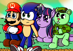 Size: 1024x730 | Tagged: safe, artist:renatodesenhista, imported from derpibooru, twilight sparkle, crossover, flippy, happy tree friends, mario, sonic the hedgehog, sonic the hedgehog (series), super mario bros., this will end in tears and/or death