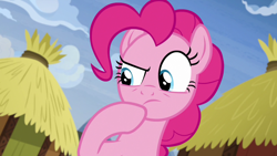 Size: 1280x720 | Tagged: safe, imported from derpibooru, screencap, pinkie pie, pony, not asking for trouble, emoji, female, mare, solo, thinking, thinking emoji