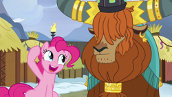 Size: 1280x720 | Tagged: safe, imported from derpibooru, screencap, pinkie pie, prince rutherford, earth pony, pony, yak, not asking for trouble, crown, duo, ear piercing, earring, female, horn ring, hut, jewelry, male, mare, piercing, regalia