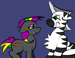 Size: 3300x2550 | Tagged: safe, artist:justanotherponyartblog, imported from derpibooru, oc, oc only, oc:iron hoofs, oc:rare candy, earth pony, pony, zebra, chest fluff, just another pony art blog, redesign, zebra oc