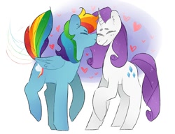 Size: 1019x784 | Tagged: safe, artist:utauchi, imported from derpibooru, rainbow dash, rarity, pegasus, pony, unicorn, cheek kiss, eyes closed, female, heart, kiss on the cheek, kissing, lesbian, mare, raridash, shipping