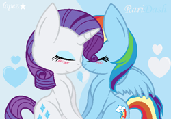 Size: 665x464 | Tagged: safe, artist:lopez765, imported from derpibooru, rainbow dash, rarity, pegasus, pony, unicorn, blushing, eyes closed, female, heart, lesbian, mare, nuzzling, raridash, shipping, smiling