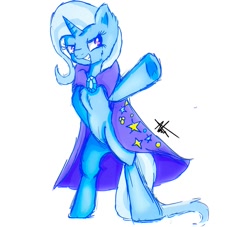 Size: 1101x1000 | Tagged: safe, artist:radiobrony34, imported from derpibooru, trixie, pony, unicorn, bipedal, cape, cheek fluff, chest fluff, clothes, female, fluffy, grin, mare, pointing, signature, simple background, smiling, solo, trixie's cape, white background