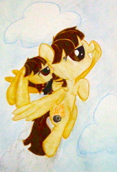 Size: 686x1011 | Tagged: safe, artist:beetrue, imported from derpibooru, wild fire, pony, rabbit, flying, self ponidox, species swap, traditional art