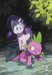 Size: 833x1194 | Tagged: safe, artist:edtropolis, imported from derpibooru, rarity, spike, dragon, pony, unicorn, :t, cave, duo, featured image, female, frown, lidded eyes, looking back, male, mare, raised eyebrow, sea urchin, smiling, water