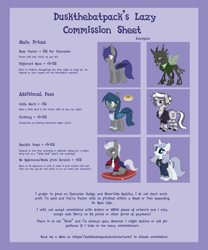 Size: 2820x3390 | Tagged: safe, artist:duskthebatpack, imported from derpibooru, oc, oc only, oc:blueberry pancake, oc:dusk rhine, oc:platinum decree, oc:ruse, oc:strobe light, oc:zuna, bat pony, changeling, unicorn, zebra, advertisement, commission info, zebra oc